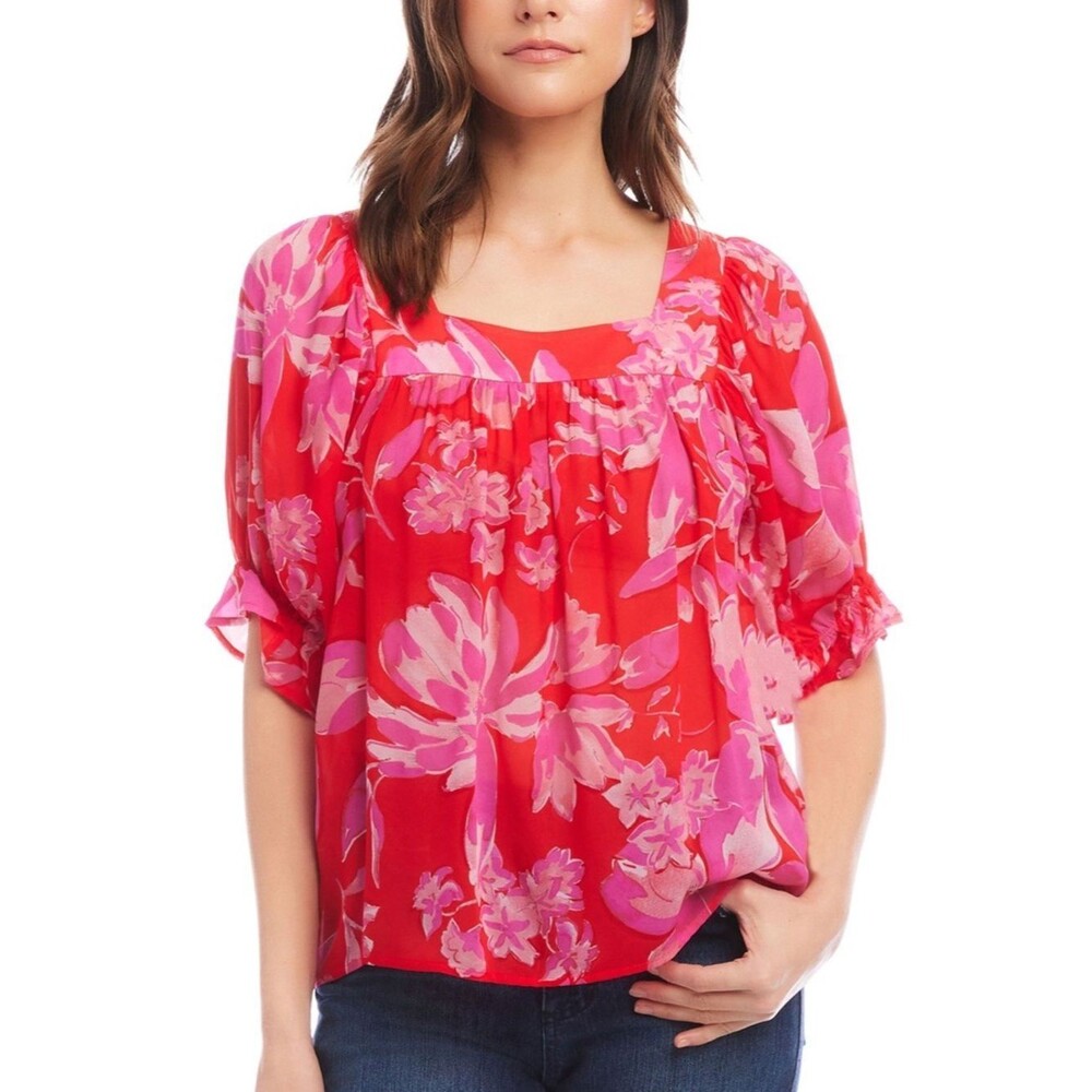 Karen Kane Floral Square Neck Top Ruffle Sleeve Relaxed Fit M Pink Red